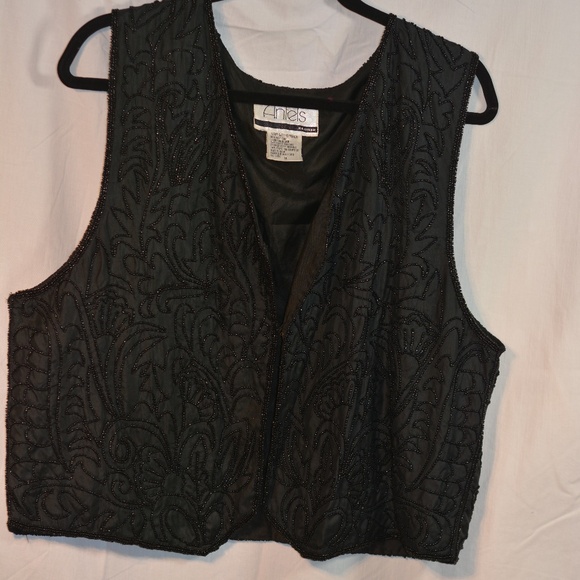 BEADED VEST 100% SILK BLACK SZ 1X Angels - Picture 2 of 8